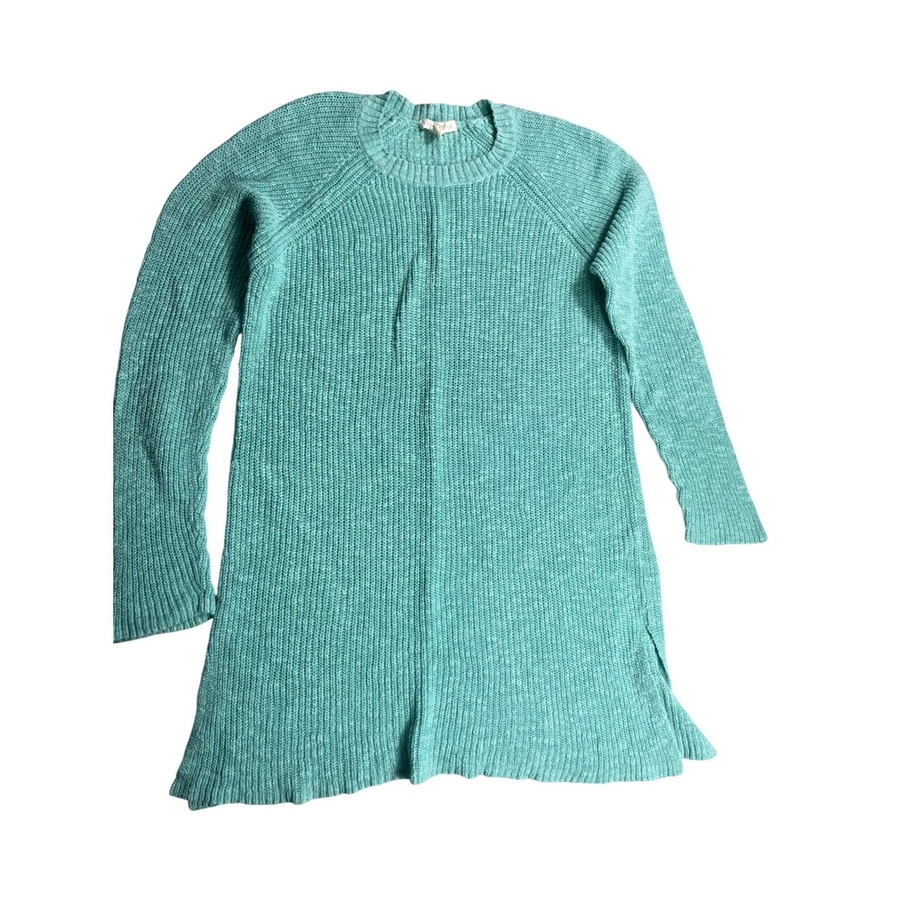Eileen Fisher M Aqua Knit Long Tunic Sweater Mini Dress Side Slit Raglan Sleeve